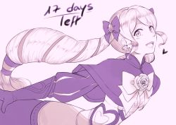 Rule 34 | 1girl, armor, blush, bow, commentary, countdown, dress, drill hair, earrings, elise (fire emblem), fire emblem, fire emblem fates, flower, gloves, hair bow, hair ornament, hair ribbon, heart, jewelry, lithety, long hair, looking at viewer, monochrome, nintendo, open mouth, ribbon, rose, smile, solo, teeth, text focus, twin drills, twintails, very long hair