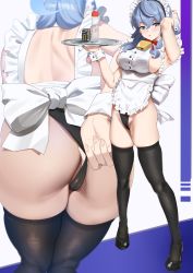 Rule 34 | 1girl, absurdres, ako (blue archive), alternate costume, apron, armpits, ass, bent over, black panties, black thighhighs, blue archive, blue eyes, blue hair, blush, breasts, cameltoe, condom box, enmaided, frilled apron, frills, hair between eyes, highres, large breasts, long hair, looking at viewer, lube, maid, maid apron, maid headdress, multiple views, okamoto condoms, paid reward available, panties, panty pull, partially visible vulva, pulling own clothes, ramanda, skindentation, thighhighs, tray, underwear, white apron