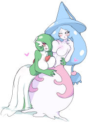 Rule 34 | 2girls, absurdres, black sclera, blue hair, blush, breasts, bright pupils, collarbone, colored sclera, creatures (company), full body, game freak, gardevoir, gen 3 pokemon, gen 8 pokemon, green hair, hair over one eye, hat, hatterene, heart, heart-shaped pupils, highres, large breasts, long hair, multiple girls, navel, nintendo, no humans, one eye closed, open mouth, parted bangs, pokemon, pokemon (creature), red eyes, short hair, simple background, smile, symbol-shaped pupils, white-stew, white background, white pupils, witch hat