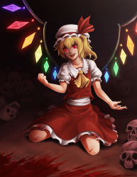 Rule 34 | 1girl, :d, ascot, blonde hair, blood, blood splatter, clenched hand, crystal, fangs, flandre scarlet, frilled shirt collar, frills, full body, hat, hat ribbon, kneeling, mob cap, open mouth, puffy short sleeves, puffy sleeves, red eyes, red ribbon, ribbon, short sleeves, side ponytail, skirt, skirt set, skull, sleepingfox, smile, solo, touhou, wings