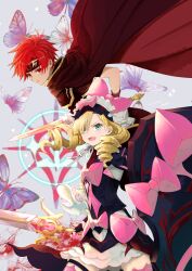 Rule 34 | 1boy, 1girl, armor, blonde hair, bug, butterfly, cape, dated, drill hair, fire emblem, fire emblem: the binding blade, fire emblem engage, green eyes, hair over one eye, headband, holding, holding shield, holding sword, holding weapon, insect, looking at viewer, marni (fire emblem), medium hair, nintendo, open mouth, red eyes, red hair, roy (fire emblem), shield, shoochiku bai, short hair, shoulder armor, skirt, sword, twin drills, weapon, white skirt