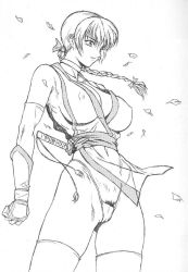 Rule 34 | 1girl, breasts, breeze, cleavage, dead or alive, female focus, female pubic hair, gauntlets, greyscale, jpeg artifacts, kasumi (doa), large breasts, long hair, monochrome, ninja, panties, petals, pubic hair, sketch, solo, sword, tecmo, thighhighs, thong, underwear, weapon, wind, wind lift