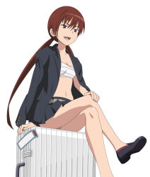 Rule 34 | 1girl, bandages, bare legs, black skirt, breasts, cleavage, collarbone, crossed legs, highres, jacket, jacket on shoulders, legs, long hair, long legs, midriff, miniskirt, musujime awaki, navel, open mouth, pleated skirt, red eyes, red hair, sarashi, school uniform, shoes, simple background, sitting, skirt, small breasts, smile, smile (rz), solo, suitcase, toaru majutsu no index, toaru majutsu no index: old testament, twintails, very long hair