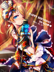 Rule 34 | 10s, 1girl, artist name, ayase eli, black gloves, blonde hair, blue eyes, blush, bow, cafe maid (love live!), checkered clothes, checkered skirt, dress, earrings, fingerless gloves, flower, gloves, hat, highres, jewelry, long hair, looking at viewer, love live!, love live! school idol festival, love live! school idol project, microphone, microphone stand, musical note, one eye closed, open mouth, polka dot, polka dot gloves, ponytail, signature, skirt, smile, solo, striped, striped bow, treble clef, twitter username, wantan meo