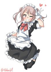 Rule 34 | &gt;;d, 10s, 1girl, ;d, apron, arm up, bad id, bad twitter id, black thighhighs, blush, bow, bowtie, ebifurya, frilled apron, frills, full body, gloves, hair between eyes, heart, highres, inactive account, kantai collection, looking at viewer, maid, maid headdress, no shoes, one eye closed, open mouth, pink eyes, pink hair, red bow, red bowtie, sazanami (kancolle), short sleeves, sidelocks, simple background, skirt hold, smile, solo, thighhighs, twintails, twitter username, v, v-shaped eyebrows, waist apron, white apron, white background, white gloves, zettai ryouiki