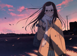 Rule 34 | 1girl, bag, blush, brown hair, building, cardigan, cloud, coat, crying, crying with eyes open, glasses, grass, hair ornament, hairclip, house, leaf, long hair, looking at viewer, morifumi, necktie, original, power lines, sad, school bag, school uniform, sky, solo, sunset, tears, town, utility pole, wind, x hair ornament