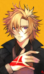 Rule 34 | 1boy, blonde hair, command spell, daybit sem void, fate/grand order, fate (series), highres, moedredd, purple eyes, simple background, solo, upper body, yellow background