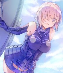 Rule 34 | 1girl, :d, armor, armored dress, breasts, cowboy shot, elbow gloves, fate/grand order, fate (series), gloves, hair over one eye, highres, holding, holding shield, impossible clothes, large breasts, leaning forward, light purple hair, looking at viewer, mash kyrielight, open mouth, pink hair, purple eyes, purple gloves, purple thighhighs, saijou haruki, shield, short hair, smile, solo, tareme, thighhighs, thighs