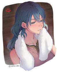 Rule 34 | 1girl, apple brk, blue eyes, blue hair, byleth (female) (fire emblem), byleth (fire emblem), clenched teeth, collarbone, commentary request, cropped torso, fire emblem, fire emblem: three houses, from above, hair between eyes, half-closed eyes, hand up, holding, holding towel, korean commentary, looking to the side, medium hair, nintendo, onsen, portrait, signature, solo, sweat, teeth, towel, towel around neck, twitter username, white background, wiping face, wiping sweat