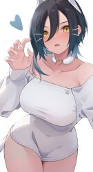Rule 34 | 1girl, armpit crease, azur lane, bare shoulders, black hair, blue hair, blush, breasts, choker, claw pose, collarbone, covered navel, gluteal fold, gradient hair, hand up, heart, heart choker, highres, horns, large breasts, long bangs, long sleeves, looking at viewer, multicolored hair, parted lips, short hair, simple background, soar sora222, solo, taut clothes, ulrich von hutten (azur lane), white background, white choker, white horns, yellow eyes