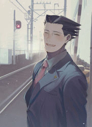 Rule 34 | 1boy, ^ ^, absurdres, ace attorney, black hair, closed eyes, closed eyes, formal, highres, iro saki, male focus, necktie, phoenix wright, pointy hair, railroad tracks, smile, snowing, solo, suit