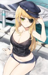 Rule 34 | 1girl, arm at side, arm up, bad id, bad pixiv id, bare arms, bare shoulders, black hat, blonde hair, blue shorts, boat, breasts, cabbie hat, camisole, cleavage, closed mouth, collarbone, commentary request, day, earrings, green eyes, guardian tales, hand on headwear, hat, highres, jewelry, long hair, looking at viewer, marina (guardian tales), medium breasts, micro shorts, navel, outdoors, pier, shengtian, shorts, sitting, sleeveless, solo, swept bangs, thighs, very long hair, watercraft