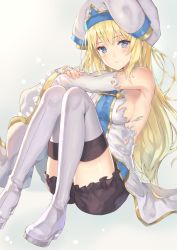 Rule 34 | 10s, 1girl, bad id, bad pixiv id, black shorts, blonde hair, blue eyes, blush, boots, breasts, closed mouth, commentary request, dress, goblin slayer!, hair over shoulder, hand on own arm, hat, long hair, long sleeves, looking at viewer, multicolored clothes, multicolored hat, no nose, priestess (goblin slayer!), sad, shorts, sideboob, simple background, sitting, small breasts, solo, thighhighs, torn clothes, user ppcy3857, white background, white footwear