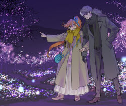 Rule 34 | 1boy, 1girl, ace attorney, alternate costume, athena cykes, bag, black hair, black scarf, blue eyes, coat, full body, hair ribbon, hand in pocket, jacket, long hair, long skirt, long sleeves, looking at another, multicolored hair, nekowosuu, night, orange hair, outdoors, pants, phoenix wright: ace attorney - dual destinies, pointing, ponytail, ribbon, scarf, short hair, simon blackquill, skirt, smile, standing, two-tone hair, white hair, white skirt, winter clothes, yellow scarf
