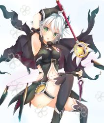 Rule 34 | 1girl, adapted costume, arm over head, armband, armpits, bandaged arm, bandaged hand, bandages, bare shoulders, belt, belt buckle, black thighhighs, blue background, breasts, buckle, cape, center opening, clothing cutout, fate/apocrypha, fate/grand order, fate/kaleid liner prisma illya, fate (series), fingerless gloves, flower, gloves, green eyes, hair ornament, highres, holding, holding weapon, jack the ripper (fate/apocrypha), knee up, knife, magical girl, magical ruby, moai21, navel, navel cutout, scar, short hair, silver hair, simple background, small breasts, solo, thigh strap, thighhighs, weapon