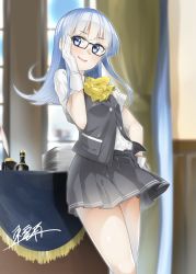 Rule 34 | 1girl, ascot, bespectacled, blue eyes, blue hair, blunt bangs, bow, glasses, gloves, grey skirt, grey vest, hatsukaze (kancolle), highres, ink bottle, kantai collection, long hair, looking at viewer, open mouth, paper, pleated skirt, quill, school uniform, shinonome yuu, shirt, short sleeves, signature, skirt, solo, table, vest, white gloves, white shirt, window, yellow bow