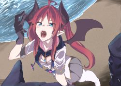 Rule 34 | 1girl, 1other, absurdres, ahoge, bad id, bad twitter id, beach, blue eyes, blush, demon girl, demon horns, demon wings, giant, giantess, gloves, highres, horns, niwaka potato, open mouth, original, red hair, size difference, teeth, tongue, twintails, uvula, vore, water, wings