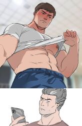 Rule 34 | 2boys, 42nkooon, abs, bara, black hair, blue shorts, blush, closed mouth, clothes lift, darius (league of legends), garen (league of legends), holding, holding phone, large pectorals, league of legends, male focus, multiple boys, muscular, muscular male, navel, nipple piercing, nipples, pectorals, phone, piercing, shirt, shirt lift, short hair, shorts, underpec, white shirt