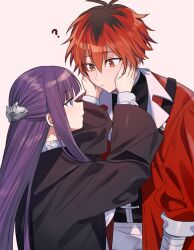 Rule 34 | ?, arm wrap, black robe, closed mouth, confused, cow (shadow), fern (sousou no frieren), hands on own cheeks, hands on own face, highres, long hair, long sleeves, looking at another, purple eyes, purple hair, red eyes, red hair, robe, shirt, short hair, simple background, sousou no frieren, standing, stark (sousou no frieren), white background