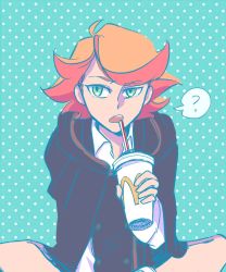 Rule 34 | 1girl, ?, amanda o&#039;neill, cabbageislove, cup, drinking, holding, holding cup, little witch academia, mcdonald&#039;s, multicolored hair, polka dot, polka dot background, red hair, short hair, sitting, sketch, spoken question mark, straw, teal background, two-tone hair