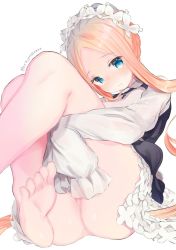 Rule 34 | 1girl, abigail williams (fate), abigail williams (festival outfit) (fate), ass, black skirt, blonde hair, blue eyes, blush, braid, breasts, closed mouth, dress, fate/grand order, fate (series), feet, forehead, french braid, heroic spirit festival outfit, highres, kanro ame (ameko), keyhole, legs, legs up, long hair, long sleeves, looking at viewer, maid headdress, no panties, official alternate costume, parted bangs, sidelocks, simple background, sitting, skirt, sleeves past fingers, sleeves past wrists, small breasts, smile, soles, solo, thighs, toes, very long hair, white background, white dress