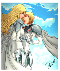 Rule 34 | 00s, 2girls, armor, armored dress, blonde hair, blue sky, border, cape, clare (claymore), claymore (series), dated, day, floating, gauntlets, grey eyes, multiple girls, short hair, shoulder pads, sky, teresa, upper body, wind, yuri