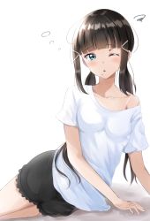 Rule 34 | 1girl, absurdres, black skirt, blue eyes, blunt bangs, breasts, brown hair, commentary request, feet out of frame, hair ornament, hairclip, head tilt, highres, kurosawa dia, long hair, looking at viewer, love live!, love live! sunshine!!, low twintails, mole, mole under mouth, one eye closed, parted lips, shadow, shirt, short sleeves, sin (sin52y), skirt, sleepy, small breasts, solo, squiggle, tears, twintails, very long hair, waking up, white background, white shirt