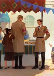 Rule 34 | 1girl, 3boys, armband, black necktie, blonde hair, blush, child, eye contact, falco grice, festival, full body, gabi braun, height difference, highres, locked arms, looking at another, luguoadeli (maple12031), marley military uniform, multiple boys, necktie, pointing, pointing at self, porco galliard, reiner braun, scene reference, shadow, shingeki no kyojin, short hair, standing, undercut