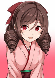 Rule 34 | 1girl, blush, bow, brown hair, dated, drill hair, hair bow, harukaze (kancolle), highres, japanese clothes, kamelie, kantai collection, kimono, long hair, meiji schoolgirl uniform, open mouth, pink kimono, red bow, red eyes, signature, simple background, solo, twin drills, upper body