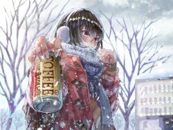 Rule 34 | 1girl, absurdres, bare tree, black hair, blue eyes, blush, cable knit, can, canned coffee, cloud, cloudy sky, coat, commentary request, drink can, duffel coat, earmuffs, fingernails, highres, incoming drink, long fingernails, looking away, nervous, original, outdoors, revision, sakura inu (itoyatomo), scarf, sky, sleeves past wrists, snow, snowing, solo, tree, vending machine, winter, winter clothes, winter coat