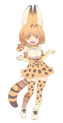 Rule 34 | 1girl, :d, animal ears, bare shoulders, blouse, bow, bowtie, contrapposto, elbow gloves, enkyo yuuichirou, full body, gloves, hands up, high-waist skirt, highres, kemono friends, looking at viewer, open mouth, orange bow, orange bowtie, orange eyes, orange gloves, orange hair, orange skirt, orange theme, orange thighhighs, serval (kemono friends), serval print, serval tail, shirt, shoes, short hair, simple background, skirt, smile, solo, tail, thighhighs, traditional bowtie, white background, white footwear, white shirt