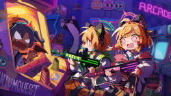 3girls animal_ear_headphones animal_ears blonde_hair blue_archive cat_tail dofus_(icyboon) fake_animal_ears green_halo halo headphones highres long_hair mechanical_halo midori_(blue_archive) momoi_(blue_archive) multiple_girls open_mouth pink_halo purple_hair red_eyes scared short_hair siblings sisters tail twins yuuka_(blue_archive)