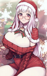 Rule 34 | 1girl, bell, breasts, capelet, christmas, fur-trimmed capelet, fur trim, glasses, hat, huge breasts, indie virtual youtuber, long hair, long sleeves, looking at viewer, mi2mi2 minmi, mole, mole under eye, purple eyes, red capelet, red sweater, santa costume, santa hat, sitting, smile, snowflakes, solo, sweater, very long hair, virtual youtuber, white hair, yomi tsumugiha