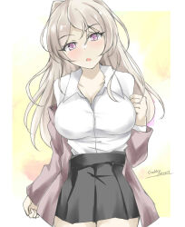Rule 34 | artist name, black skirt, breasts, brown eyes, brown jacket, casual, conte di cavour (kancolle), dated, gakky, gradient background, grey hair, jacket, kantai collection, large breasts, long hair, long sleeves, looking at viewer, open mouth, shirt, skirt, two side up, white background, white shirt, yellow background
