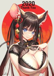 Rule 34 | 1girl, 2020, animal ears, black hair, blue eyes, breasts, china dress, chinese clothes, cleavage cutout, closed mouth, clothing cutout, commentary request, dress, grey background, hair ornament, highres, large breasts, long hair, looking at viewer, mouse ears, mouse tail, okuma mai, original, signature, smile, solo, tail, thank you, twintails, upper body
