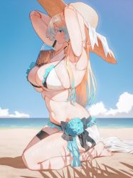 Rule 34 | 1girl, aqua eyes, aqua hair, arms up, beach, bikini, blonde hair, blue sky, blush, breasts, brown hat, bubble tea, bubble tea challenge, cloud, cup, day, disposable cup, doll joints, drinking straw, drinking straw in mouth, frilled bikini, frills, from side, gradient hair, hat, highres, huge breasts, joints, long hair, looking at viewer, multicolored hair, ocean, outdoors, profile, ryusei hashida, sitting, sky, solo, swimsuit, thigh strap, wet