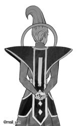 Rule 34 | 10s, 1boy, arms behind back, dragon ball, dragon ball super, from behind, greyscale, highres, long hair, male focus, monochrome, shoulder pads, solo, twitter username, umelim, whis