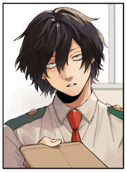 Rule 34 | 1boy, bags under eyes, black eyes, black hair, boku no hero academia, border, collared shirt, eraser head (boku no hero academia), folder, hair between eyes, holding, holding folder, looking at viewer, male focus, messy hair, necktie, parted lips, red necktie, rnuyvm, shirt, short hair, solo, upper body, white border, window