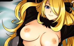 Rule 34 | 00s, 1girl, arms up, blonde hair, blue eyes, breasts, breasts out, creatures (company), cynthia (pokemon), female focus, game freak, hair over one eye, large breasts, long hair, looking at viewer, lying, michael f91, nintendo, nipples, on back, open clothes, open shirt, pokemon, pokemon dppt, shirt, smile, solo, upper body