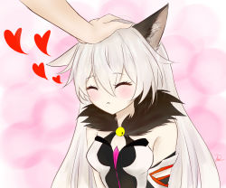 Rule 34 | 1girl, animal ear fluff, animal ears, bare shoulders, bell, blush, breasts, cat ears, closed eyes, closed mouth, detached sleeves, dress, fur trim, hair between eyes, headpat, heart, highres, honkai (series), honkai impact 3rd, kiana kaslana, kiana kaslana (herrscher of the void), long hair, nitrouzs, signature, solo focus