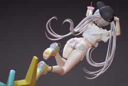 Rule 34 | 1girl, 3d, blender (medium), ckb, drink, drinking straw, from behind, full body, hat, highres, mignon, shorts, tank top, thigh strap, twintails
