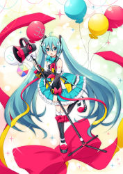 Rule 34 | 1girl, 39, :o, balloon, bare shoulders, black footwear, black thighhighs, blue skirt, blush, boots, bow, commentary request, detached sleeves, green bow, green eyes, green hair, hair between eyes, hair ornament, hatsune miku, holding, long hair, magical mirai (vocaloid), magical mirai miku, magical mirai miku (2018), megaphone, open mouth, pleated skirt, red neckwear, shirt, skirt, sleeveless, sleeveless shirt, solo, standing, standing on one leg, sudachi (calendar), thigh boots, thighhighs, twintails, very long hair, vocaloid, white shirt, wide sleeves