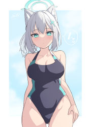 Rule 34 | 1girl, animal ear fluff, animal ears, binsen, blue archive, blue background, blue eyes, breasts, cat ears, competition swimsuit, grey hair, halo, hand on own hip, highres, mismatched pupils, one-piece swimsuit, ponytail, shiroko (blue archive), shiroko (swimsuit) (blue archive), signature, swimsuit