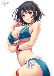 Rule 34 | 1girl, adapted costume, artist name, ass, bikini, black hair, blue bikini, blush, breasts, commentary request, from side, front-tie bra, hand on own cheek, hand on own face, highres, kantai collection, large breasts, lips, looking at viewer, messy hair, nail, nail polish, open mouth, red eyes, red nails, sakiyamama, short hair, side-tie bikini bottom, sideboob, simple background, solo, swimsuit, takao (kancolle), twisted torso, underboob, upper body, wet, wet clothes, white background