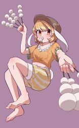 Rule 34 | 1girl, ahodemoaru, animal ears, bare legs, barefoot, breasts, brown hat, cabbie hat, dango, eating, feet, flat cap, floppy ears, food, hat, highres, holding, legs, midriff, mouth hold, navel, one-hour drawing challenge, orange eyes, orange shirt, purple background, rabbit ears, rabbit girl, ringo (touhou), shirt, short hair, short sleeves, shorts, simple background, small breasts, soles, solo, striped clothes, striped shorts, toenails, toes, touhou, wagashi, yellow shorts