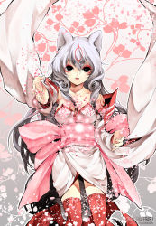 Rule 34 | 1girl, amaterasu (ookami), animal ears, bow, cherry blossoms, flower, japanese clothes, kaze-hime, kimono, long hair, ookami (game), personification, petals, solo, tail, thighhighs, very long hair, white hair, wide sleeves, wolf ears, wolf tail
