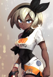 Rule 34 | 1girl, 2ta2ta, absurdres, bea (pokemon), black bodysuit, black hairband, blonde hair, bodysuit, bodysuit under clothes, bow hairband, closed mouth, collared shirt, commentary, creatures (company), dark-skinned female, dark skin, dynamax band, eyelashes, from side, game freak, gloves, grey eyes, hair between eyes, hairband, highres, holding, holding poke ball, nintendo, partially fingerless gloves, poke ball, poke ball (basic), pokemon, pokemon swsh, print shirt, print shorts, shirt, short hair, short sleeves, shorts, side slit, side slit shorts, single glove, solo, tied shirt