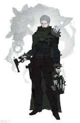 Rule 34 | 1boy, absurdres, arm belt, belt, bullet, cape, chest belt, collared cape, creature, ear piercing, earrings, green eyes, grey hair, gun, highres, holstered, jewelry, leather, leather belt, long sleeves, looking at viewer, male focus, mature male, monster, mouth piercing, nose piercing, original, pants, piercing, shirt, shoes, short hair, shoulder pads, simple background, solo, weapon, white background, white hair, yaowang