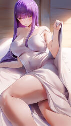 Rule 34 | 1girl, absurdres, bare shoulders, bed sheet, blunt bangs, blush, breasts, cleavage, collarbone, covered navel, dress, fern (sousou no frieren), highres, large breasts, long hair, looking at viewer, open mouth, purple eyes, purple hair, rororo, sidelocks, solo, sousou no frieren, thighs, white dress