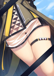 Rule 34 | 1girl, arknights, blurry, chapter0p, dress, flying sweatdrops, grey dress, highres, lower body, no panties, pussy, pussy juice, see-through, short dress, skindentation, solo, thigh gap, thigh strap, thighs, weedy (arknights), wet